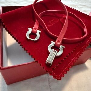 Salvatore Ferragamo Double-Wrap Red Leather Bracelet with Silver Color Hardware